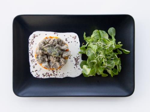 crumble de potimarron aux algues et sarrasin et crème de fourme d'ambert